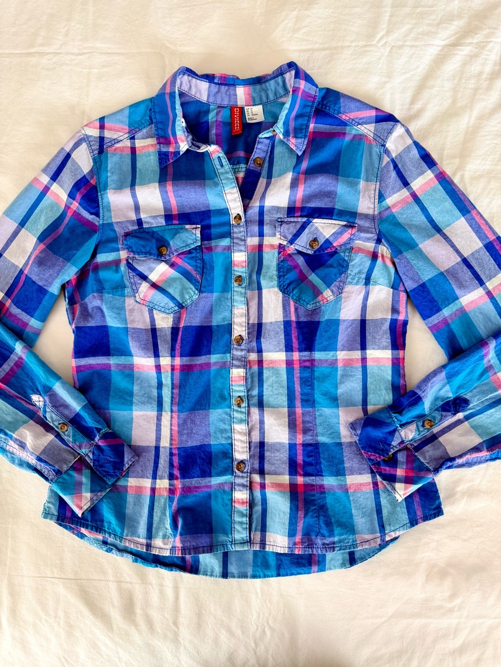 H&M Blue Pink Plaid Cotton Button Up Shirt Pockets Size 10 Western Inspired